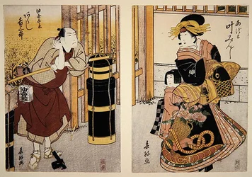 歌舞伎の一場面に登場する二代目嵐吉三郎と狩野民志 1813～15年頃（木版画