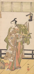 豪邸のベランダに立つ侍としての嵐三五郎、1774年または1775年。