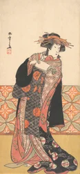 部屋に立つ豪華なコートの娼婦としての中村梨子、ca。 1778年。
