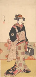 黒い着物を着た女性に扮する俳優、岩井半四郎IV、1780年頃。