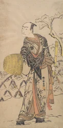 虚無僧としての初代中村仲蔵 雪の塀のそばに立つ 1775年。