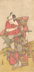 派手な袴を着た武士としての二代目市川八百蔵、おそらく1773年。
