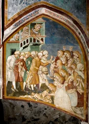 無辜の民の虐殺 シエナの学校のフレスコ画の細部（14世紀） 1363～1366年 イタリア、スビアコ（ローマ）の聖ベネデット修道院（サクロ・スペコ）。