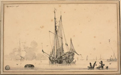 停泊中の船と積み上げられた港のシーン