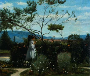 庭の花々の間で、シルヴェストロ・レガ（1826-1895）作。