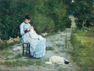 シルベストロ・レガ（1826-1895）作「庭にて」、パネルに油彩、29x38cm