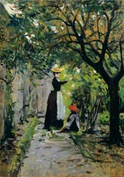 バラ園にて」シルベストロ・レガ（1826-1895）作、パネルに油彩、36.5x25.5cm
