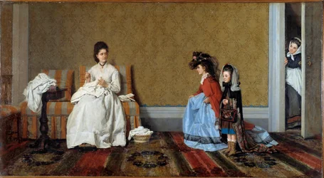 大きな女性を演じる少女たち 母親の服で変装する二人の姉妹。シルベストロ・レガ（1826-1895）の絵画 1872年 個人蔵