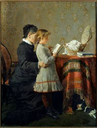 読書のレッスン看護師が少女の読み方を学ぶ。シルベストロ・レガ（1826-1895）の絵画 Ec.Ital