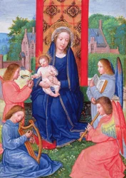 例 2125 f.157v 天使が楽器を演奏するマドンナと子供、『Ghistelles のジョアンナの時間』、1516 年頃（ベラム）