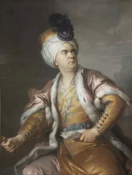 1767年のヴォルテールのザイールの悲劇でオロスマンとして俳優のルカイン（1729-1778）。