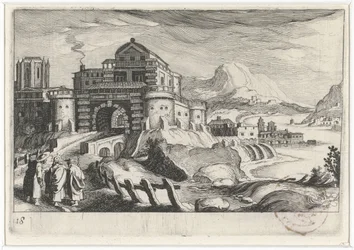 山の風景の中、城門の前にいるエマウスゲンガー 南欧の風景（連載タイトル） Topographia variarum regionum (シリーズタイトル)