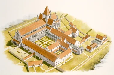 バイランド修道院の航空写真（紙に水彩画）