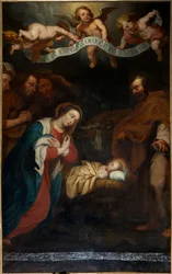 教区教会 (聖ラウレンティウス教区教会)。 インテリア。 北通路。 祭壇。 ペインティング。 「キリストの誕生」。 シモン・ド・パプにサイン。 1666年。