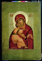 謙遜のウラジミールマドンナ、ロシアのアイコン（パネル上のテンペラ）
