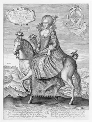 アーティスト、パブによって刻まれたデンマークのアンの乗馬の肖像（1574-1619）。コンプトンホランド、1616