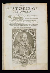 ウォルター・ローリー卿の「世界の歴史」からのウォルター・ローリー卿（1554-1618）タイトルページの肖像