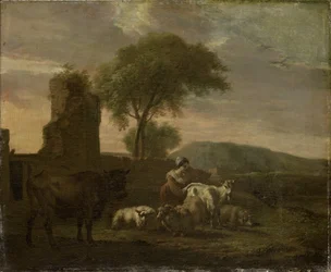 羊飼いと群れのいるイタリアの風景