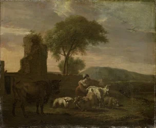 羊飼いと群れのいるイタリアの風景