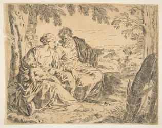 エジプトへのフライトで休憩し、マリアが幼いキリストを抱きながら聖... 1637-1639以降。