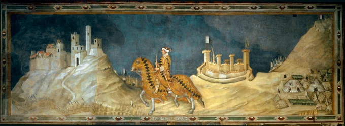 Guidoriccio da Fogliano. 1328年にマレンマ（Maremma）のモンテマッシ城を攻略した際の、シエナ軍の司令官（コンドッティエロ）Guido Riccio da Fogliano（1352年没）の表現。シモーネ・マルティーニ（1280-1344）による絵画