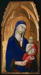 マドンナと子供、聖ドミニクの祭壇画の詳細、シモーネ・マルティーニ（1283-1344）作、木製パネルにテンペラと金