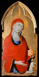 The Magdalene, detail of Altarpiece of St Dominic, by Simone Martini (1283-1344), tempera and gold on wood panel   1463270   ja       japanese Successfully Translated  Original: Woman in Yellow sewing; Femme en Jaune Cousant Translat: Woman in Yellow sewin