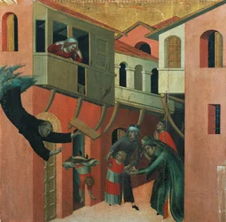 バルコニーから落ちた赤ん坊の奇跡、シモーネ・マルティーニ（1283-1344）による祭壇画「祝福されたアゴスティーノ・ノヴェッロと彼の人生の物語」（1330年頃）の細部、油彩・キャンバス、200x256 cm