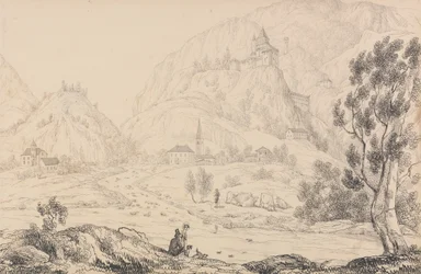 Álbum de 30 vistas no Tirol e na Itália: Fortaleza de Trostburg perto da cidade de Kollman. Tirol. 28 de outubro de 1840