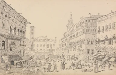 チロルとイタリアの 30 のビューのアルバム: 1840 年 11 月 12 日、ボローニャの広場、大聖堂、教皇特使の宮殿