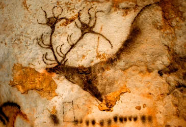 フランス、ラスコー洞窟に描かれた九角形の角を持つアカシカの先史時代の絵。