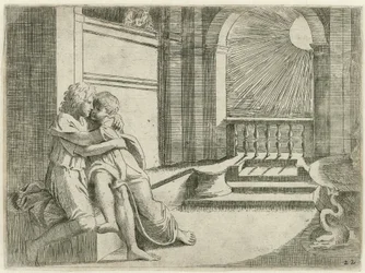 Abimelech ziet Isaak Rebekkaliefkozen Bijbelse シーン (シリーズ タイトル) Historia del Testamento Vecchio / Raffaelle di Urbin (...) によってバチカンのローマで描かれました (シリーズ タイトル)