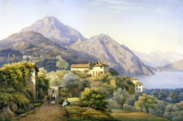 コモです。メナッジョ。LovenoとMount Groma。1840.Sによる絵画。Corrodi.メナッジョ、コモ.