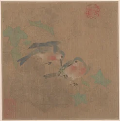 実の枝の鳥 （アルバムリーフ、絹本、墨、彩色）
