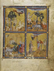 追加。 27210 f.2v アダムとイブ、「The Golden Haggadah」より (ベラム紙にインク、色、金)