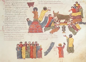 聖イシドルの西ゴート族モザラビック聖書からの黄金の子牛の崇拝、第46巻、AD 960（ベラムのテンペラ）