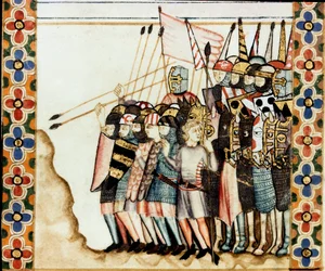 Armee des croises 聖母マリアの歌（Cantigas de Santa Maria）の写本のページの詳細 聖母マリアとその奇跡に捧げられた細密画を飾るもので、賢者アルフォンソ10世（1221-1284）の下で再制作された歌集。
