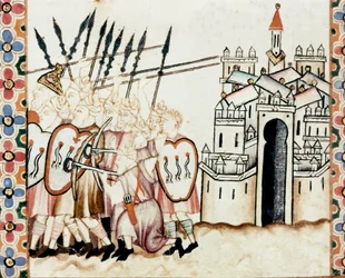都市を守るムーア人の軍隊 聖マリアの歌（Cantigas de Santa Maria）の写本のページの詳細 聖マリアとその奇跡に捧げられた細密画を飾る、アルフォンソ10世の統治下で作られた歌のコレクションです。