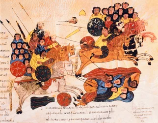 ヘブライ人とペリシテ人の間の戦い、聖イシドルの西ゴート時代のモザラビック聖書、フォア119r。、AD 960（ベラムのテンペラ）