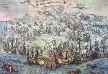 ダウンズの戦い、1639 年 10 月 21 日 (色付きの彫刻)