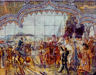 ボアブディルは1492年にグラナダの鍵をカトリックキングスに降伏させました（セラミック）