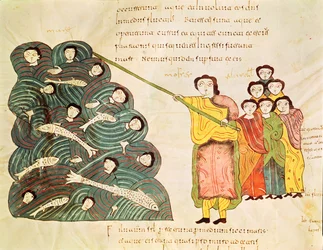 Fol.39v聖書のモーザラベからエジプト人の紅海を閉じるモーセ