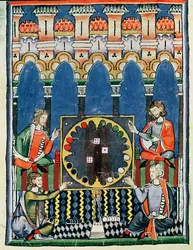 Fol.89vゲームブック、チェス、ダイス、ボードの4つのアラビア語バックギャモンプレーヤー、1282