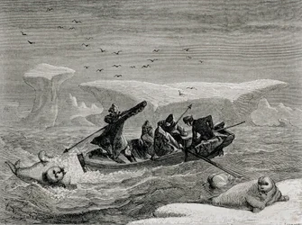 スピッツベルゲン諸島、スバールバル諸島でのモリとのセイウチの狩猟、1865年の「世界への回帰」のイラスト