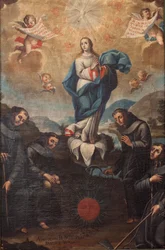 園芸フランシスコ会との無原罪懐胎。 合唱団の起源。 左下に「ADEVOZION DE DA TERESA, Sanchez Yepros ?」とサイン。 18世紀。 フアン・サンチェス。