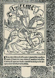 騎乗する騎士、Joanot MARTORELL（1413-1468）のスペイン作品「Tirant lo blan」の扉絵。