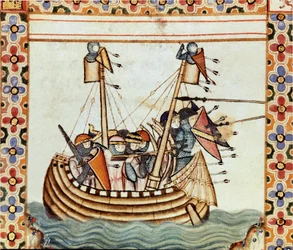 Les croises en route to besieging a Sarrazine fortress 聖マリアの歌（Cantigas de Santa Maria）の手稿からの1ページの詳細 聖マリアとその奇跡に捧げられた細密画を飾るものである。