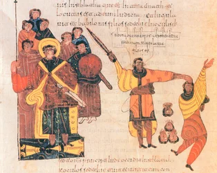 ネブカドネザルは、反逆者ゼデキヤの息子たちに殺害を命じる、fol.289v.、聖イシドールの西ゴート語-モサラビア語の聖書から、a.D. 960 (羊皮紙にテンペラ)