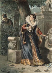 スペインのフィリップ2世(1527-1598)と公園でのデボリ王女（Juan Justo Huguet作「El Culto de la Hermosura」、Molinas Hermanos editores刊