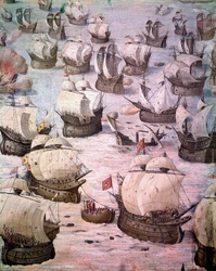 1582年、スペイン王フィリップ2世(1527-1598)のもとで行われたアコーレス諸島遠征の際のスペインのガレオン船のレガッタ。16世紀のフレスコ画。マドリード、エスコリアル宮殿の戦闘の間。